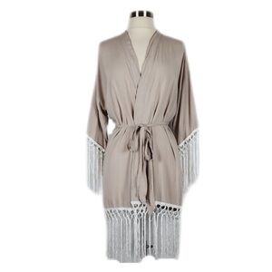 Vintage Boho Oversized Longline Fringe Hem Belted Kimono Cardigan M